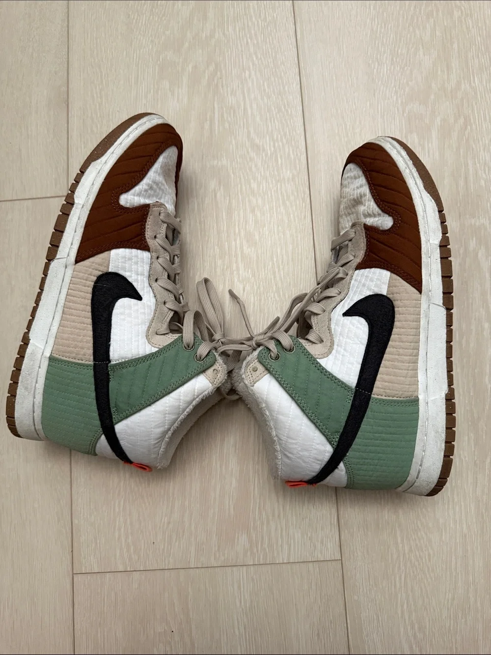 Nike Next Nature Toasty White Brown Green Dunks Sneakers with Black Swoosh